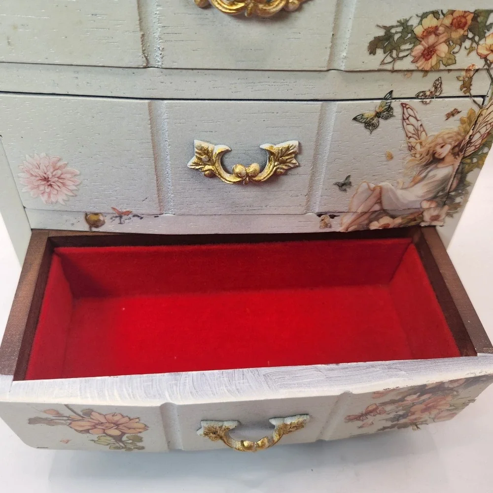 Vintage Fairy Jewelry Music Box 3 Drawer Chest and Matching 12in Vanity Tray Set